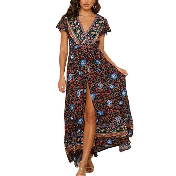 FASHION Dresses & Skirts - FASHION Multicolored Floral Print V-Neckline Side Slit Tropical Maxi Dress SizeL